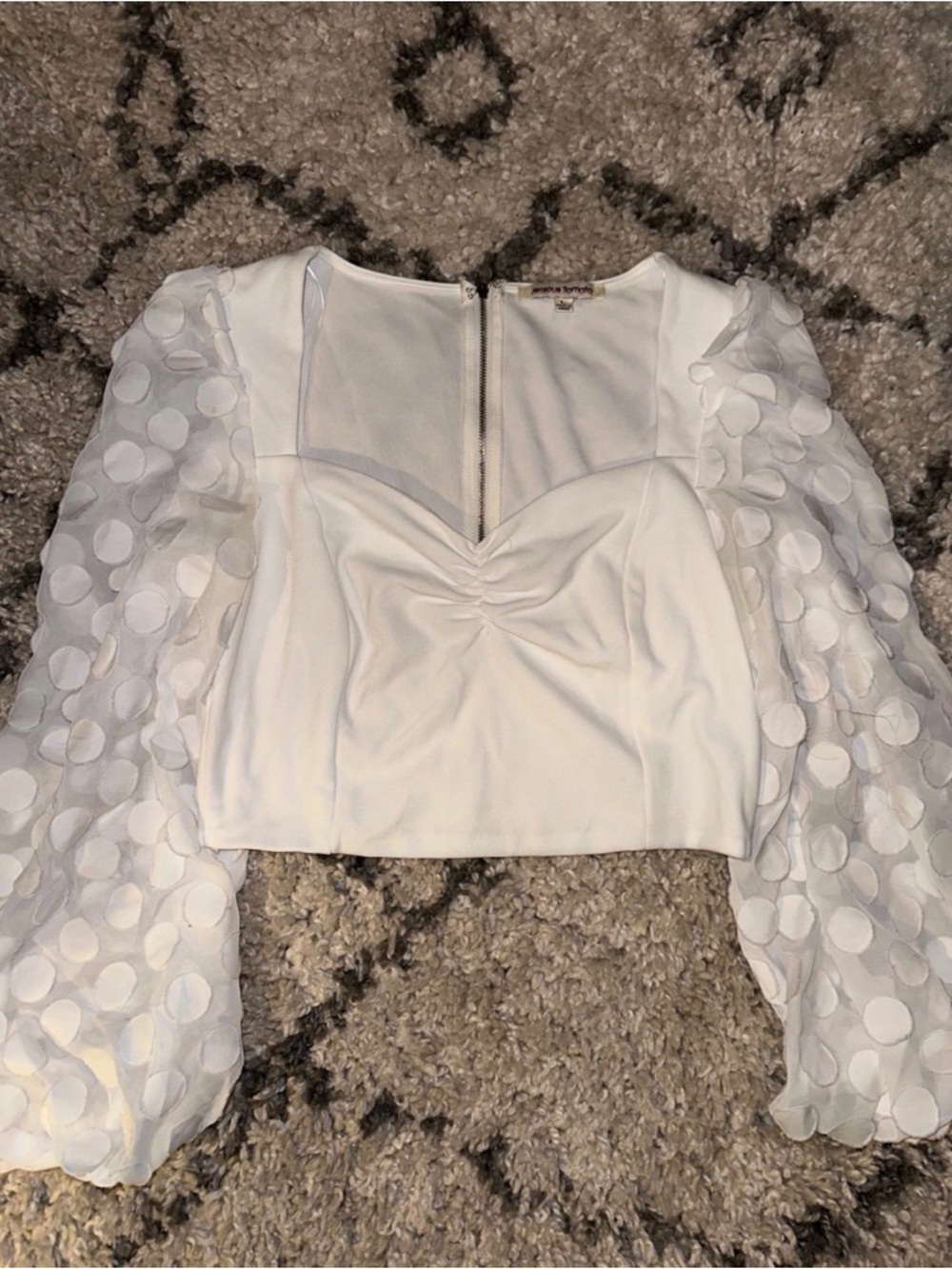 Sheer Polka Dot Puff Sleeve White Crop Top